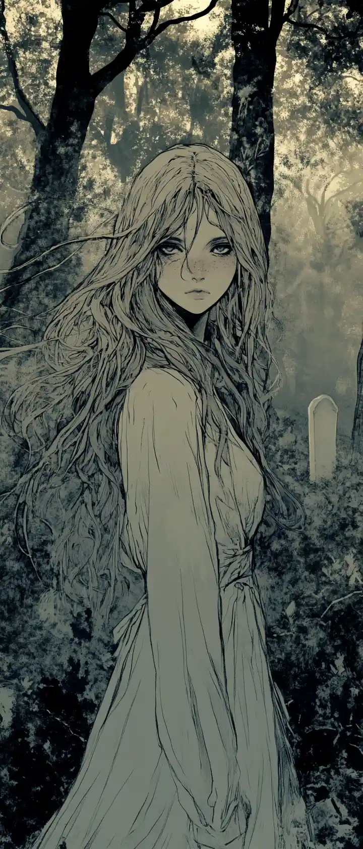 Einsames Anime-Mädchen auf nebliger Waldlichtung mit Grabstein