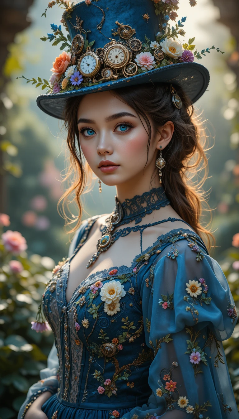 Mujer steampunk con vestido azul acero bajo una suave luz dorada