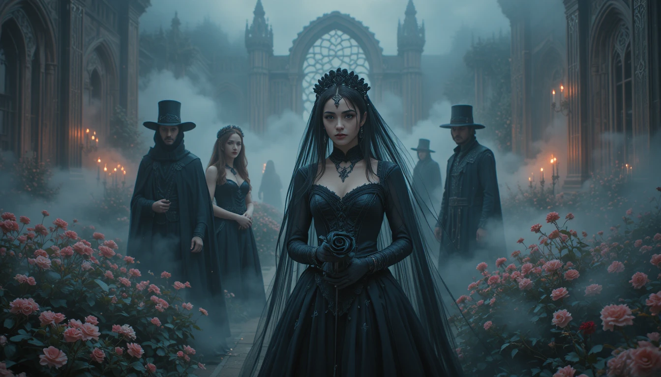 Noiva gótica de vestido de noiva preto em meio a jardim escuro e enevoado