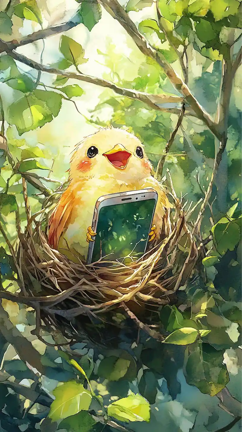 Cheerful Smartphone Resting In A Garden Nest Illustration