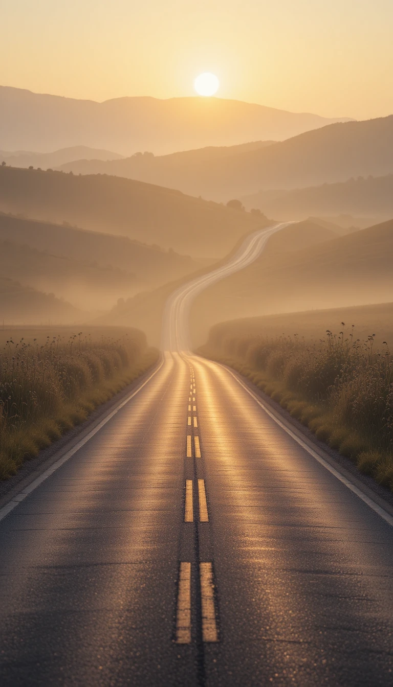 Empty country road at sunrise through misty rolling hills