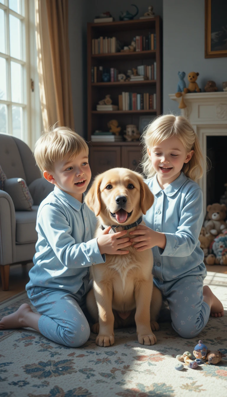 Duas crianças de pijama brincando com um filhote de golden retriever