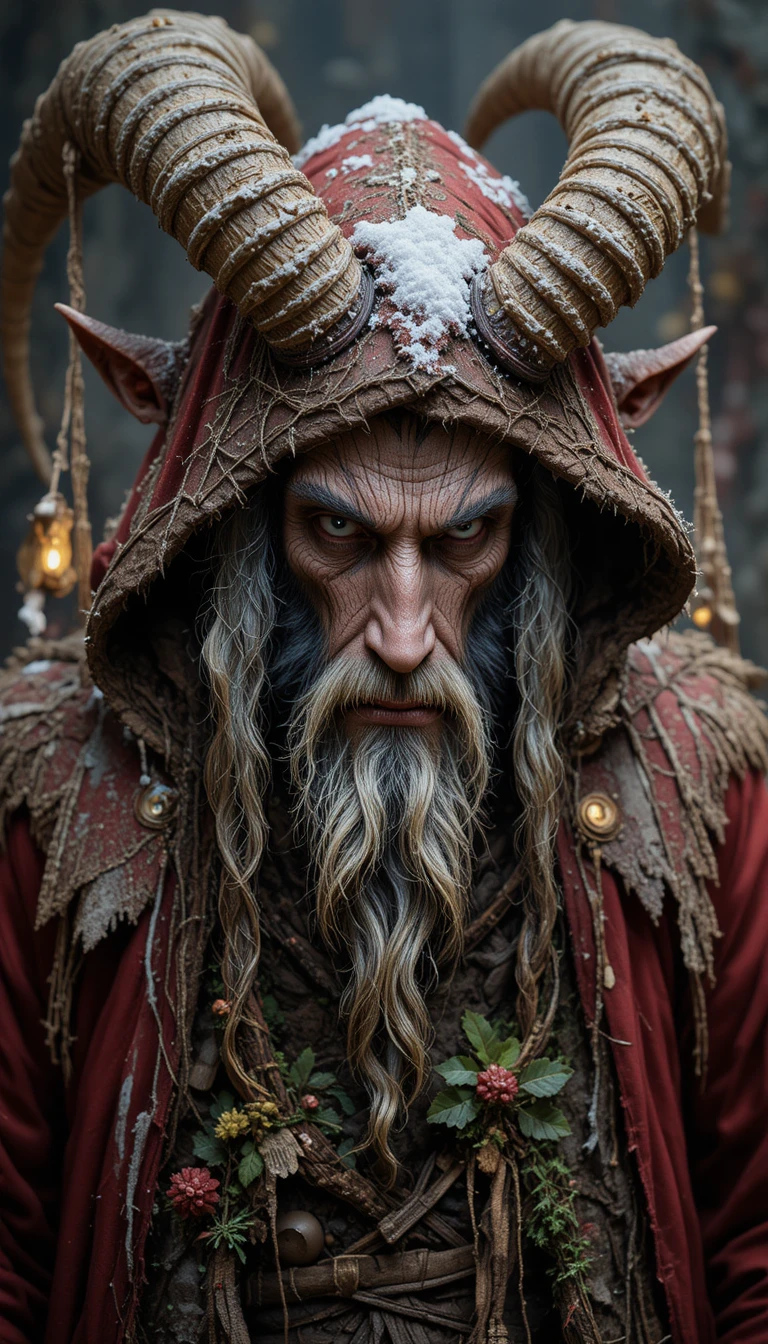 Demonic Krampus In Ragged Hooded Christmas Coat With Horns