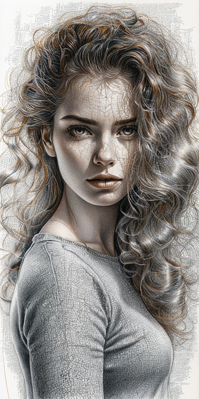 Portrait au graphite d’une jeune femme aux cheveux sauvagement balayés par le vent