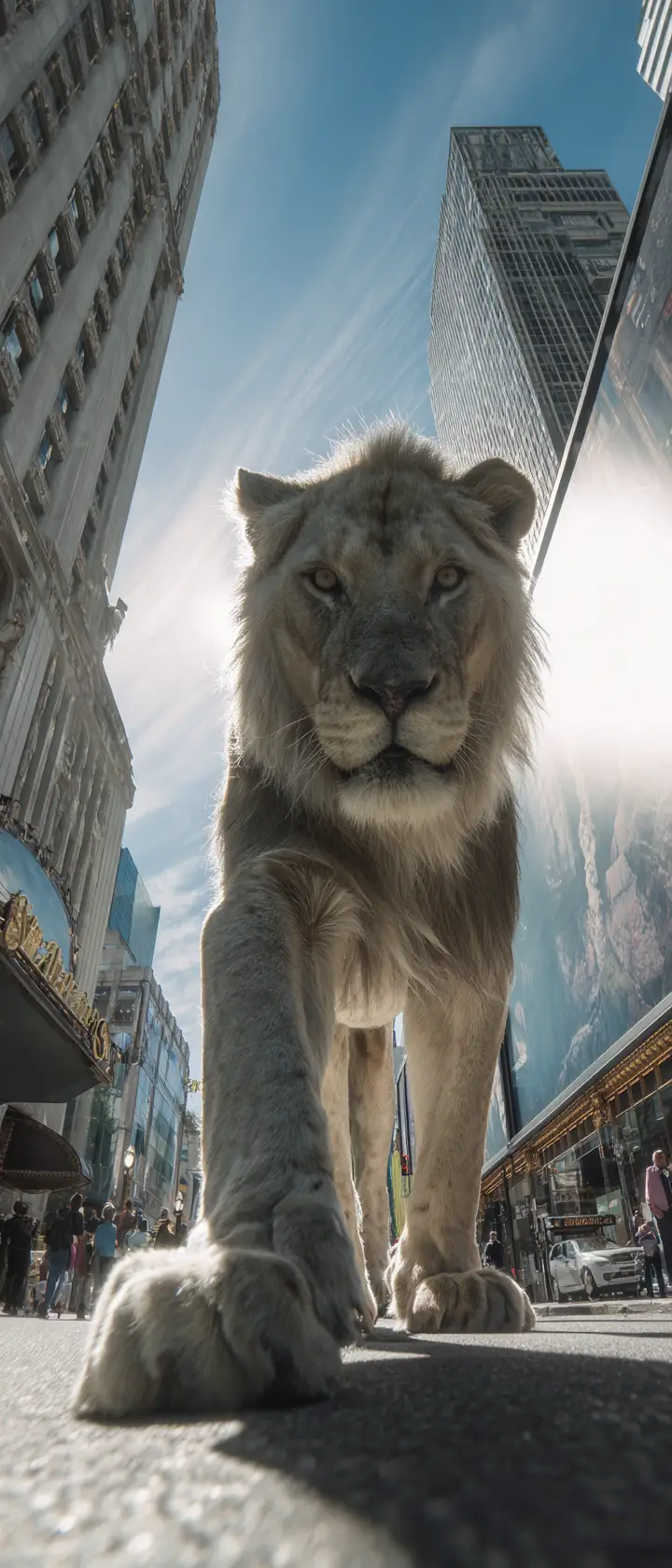 Majestic lion striding through a modern city street