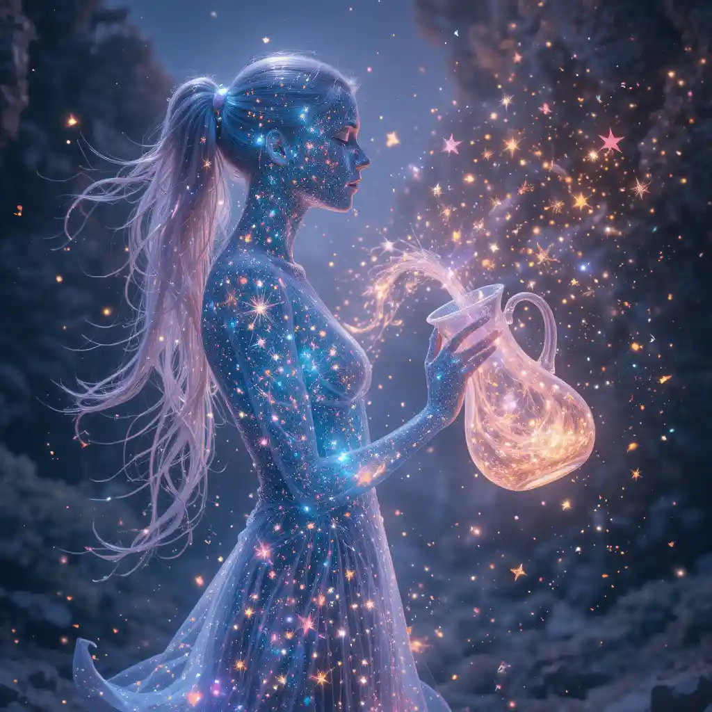 Ethereal woman pouring stardust in glowing cosmic space