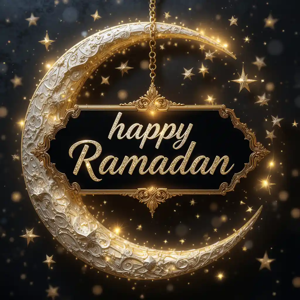 Lua crescente brilhante e estrelas com caligrafia de feliz Ramadã