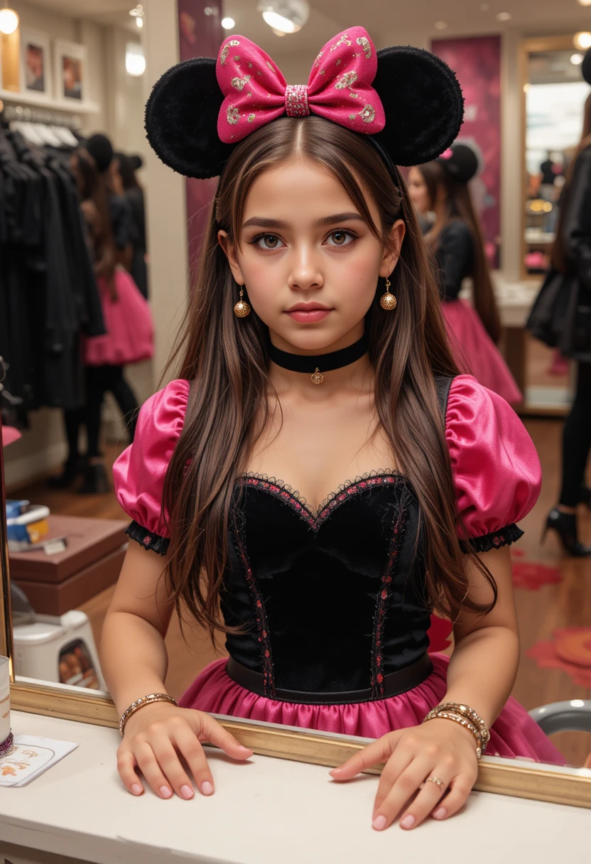 Annoyed tween in Minnie dress at boutique vanity mirror