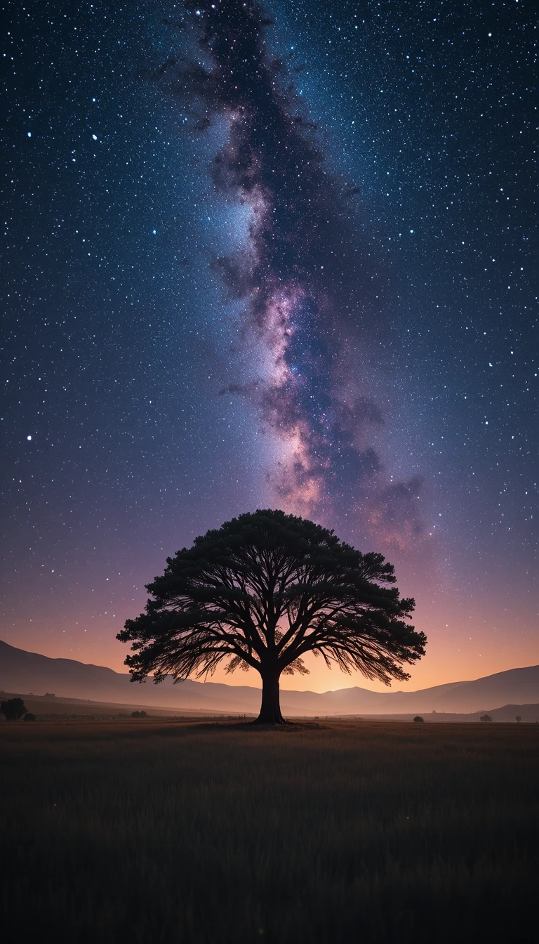 Lonely tree beneath the glowing Milky Way night sky