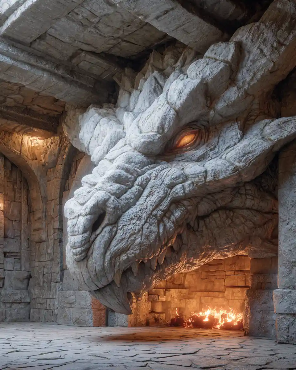 Ancient Stone Dragon Fireplace In Arcane Library Hall