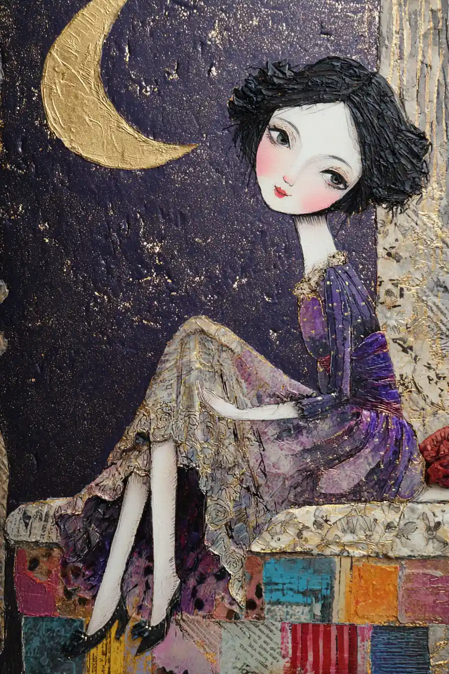 Whimsical mixed media collage of a woman reborn