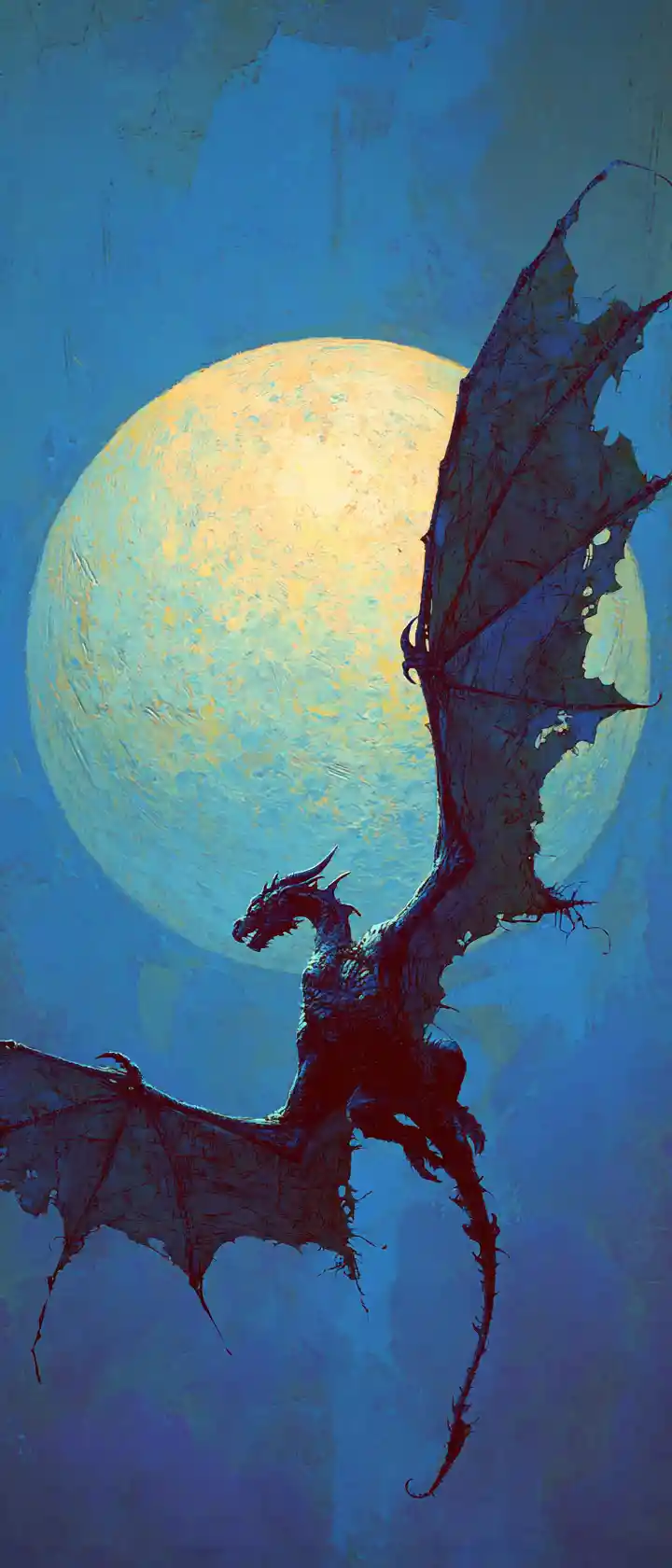 Gigantic dragon flying before a luminous full moon