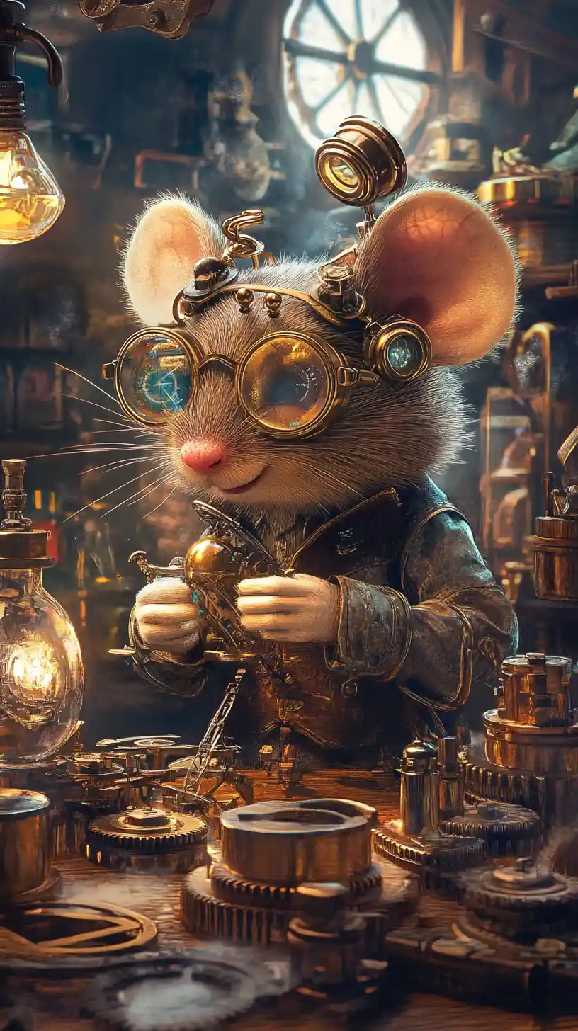 Steampunk Mouse Repairing Clockwork In Victorian Workshop