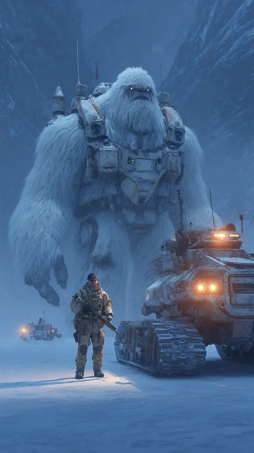 Armored white yeti close up beside a winter soldier