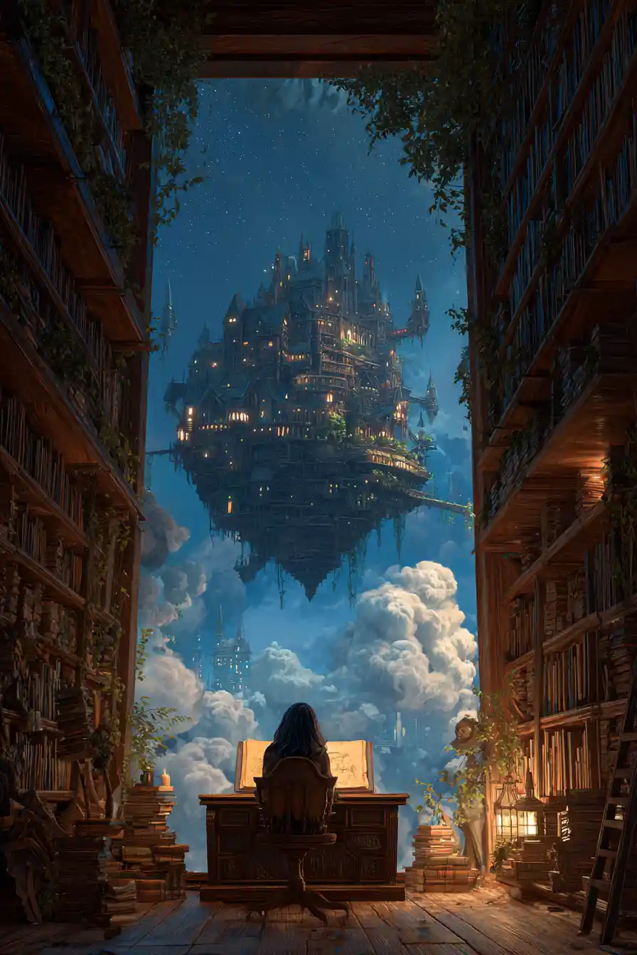 Solitary Scholar Reading In A Cliffside Fantasy Library