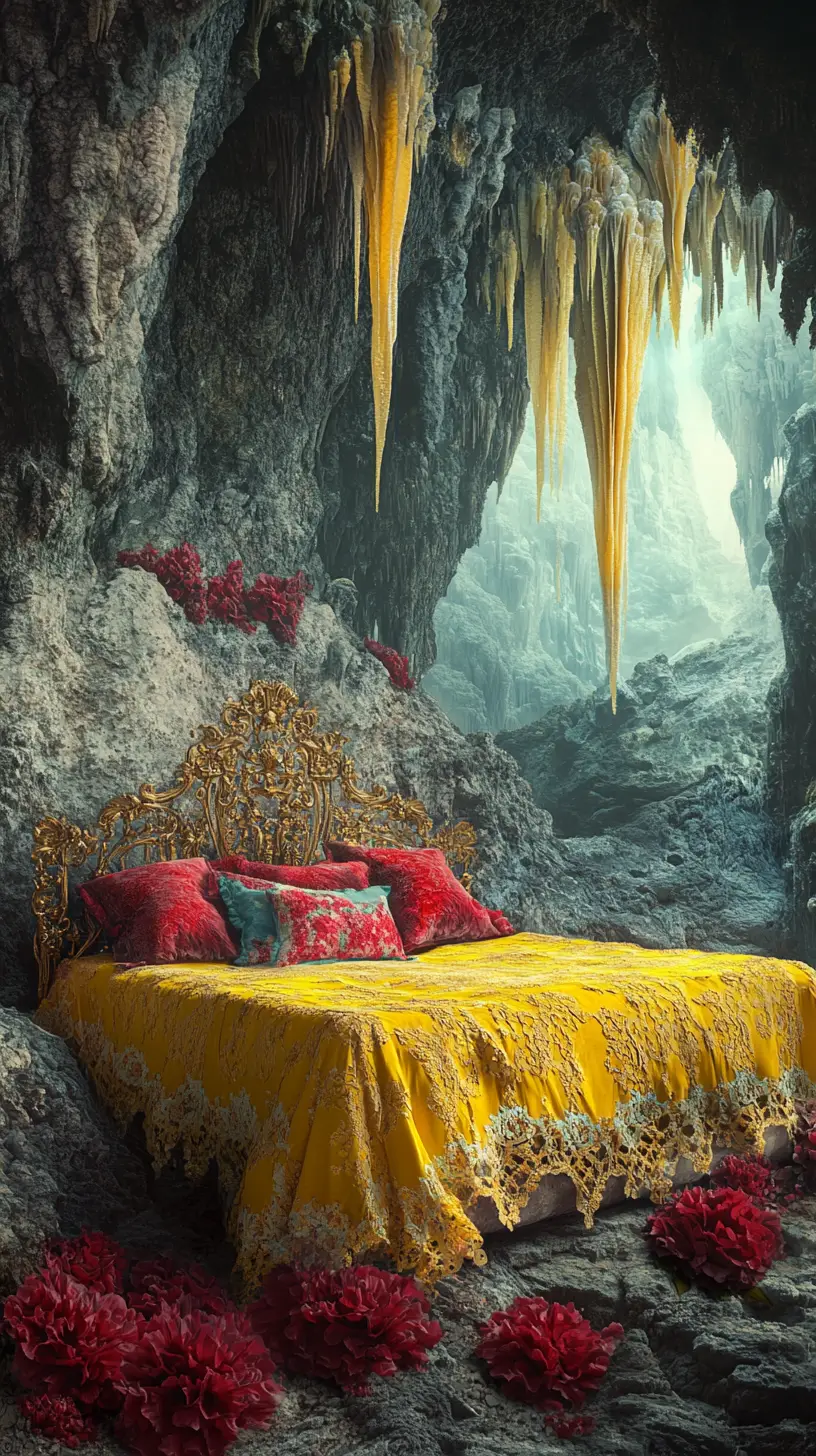 Surreal cave bedroom with flowers and luxurious bed