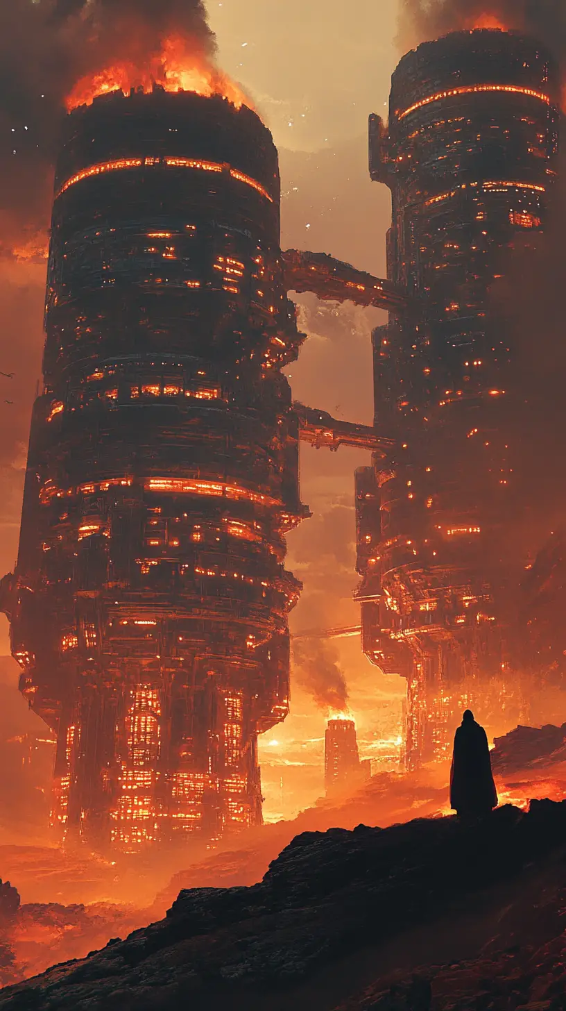 Lone figure overlooking alien city above molten landscape