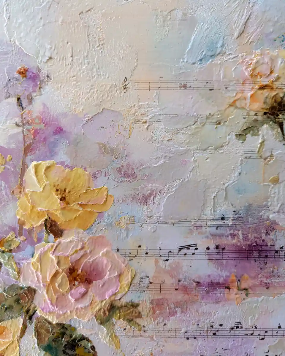 Peinture romantique en techniques mixtes avec fleurs et partitions