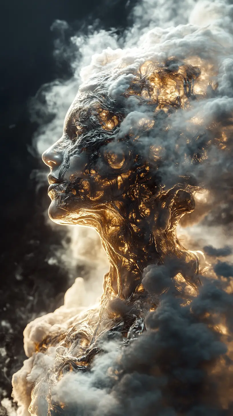 Cyborg woman emerging from golden mist in dark clouds