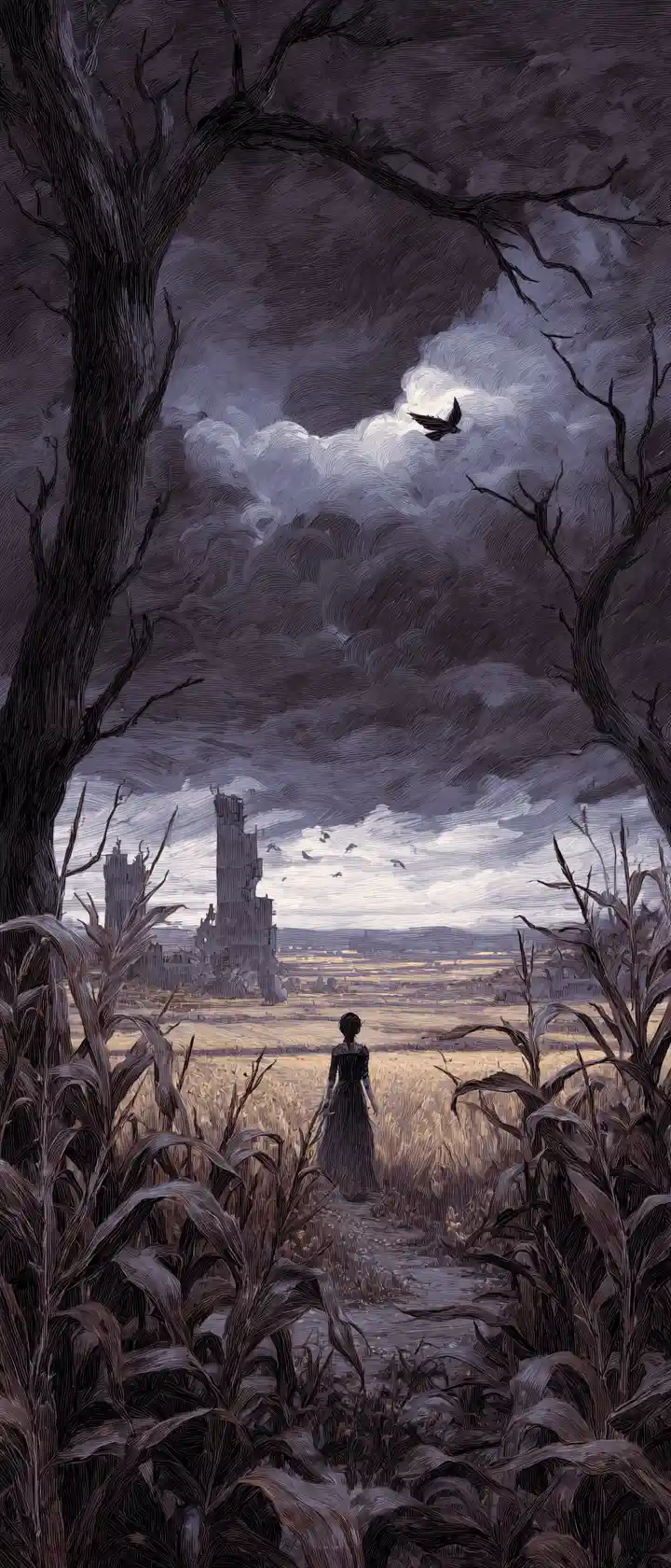 Gothic woman standing in a vast overgrown cornfield