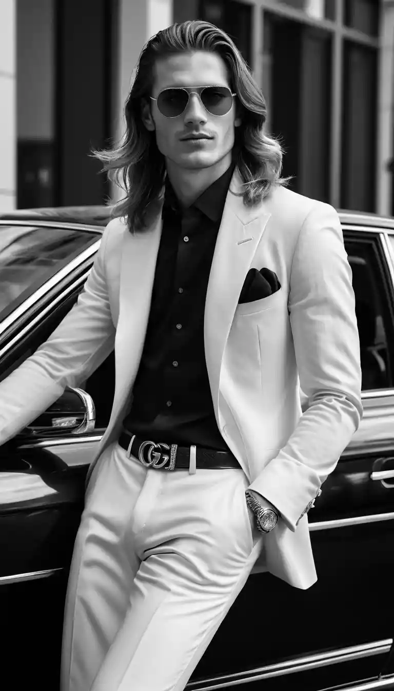 Charming fashion portrait of a young man by luxury car