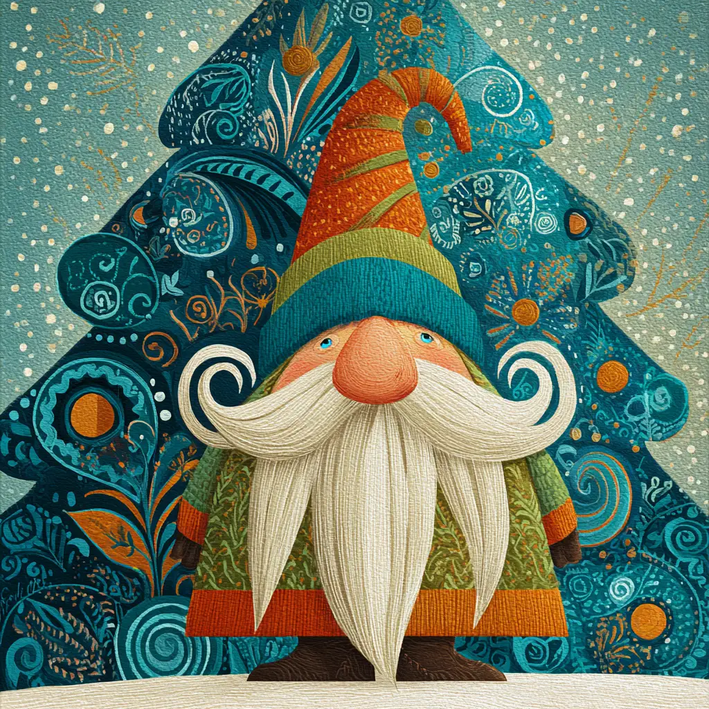 Festive winter gnome illustration with decorated christmas tree