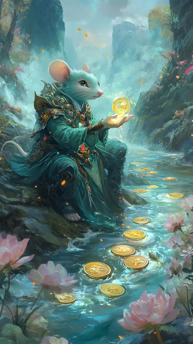 Anthropomorphic Mouse Riding A Misty Qilin Over River