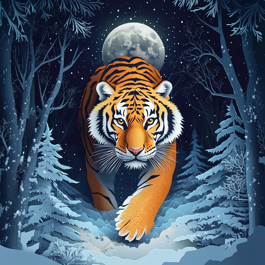 Tigre dell’Amur che si aggira in una foresta innevata al chiaro di luna