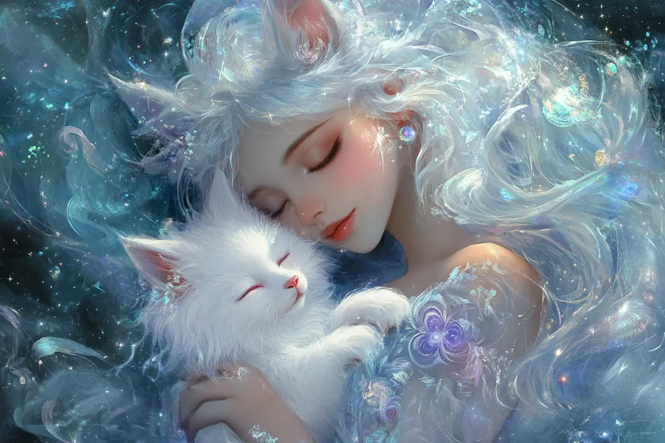 Ethereal girl cuddling a magical white kitsune