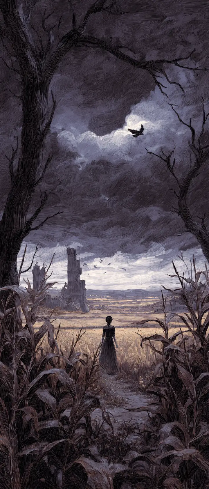 Gothic woman standing in a vast overgrown cornfield