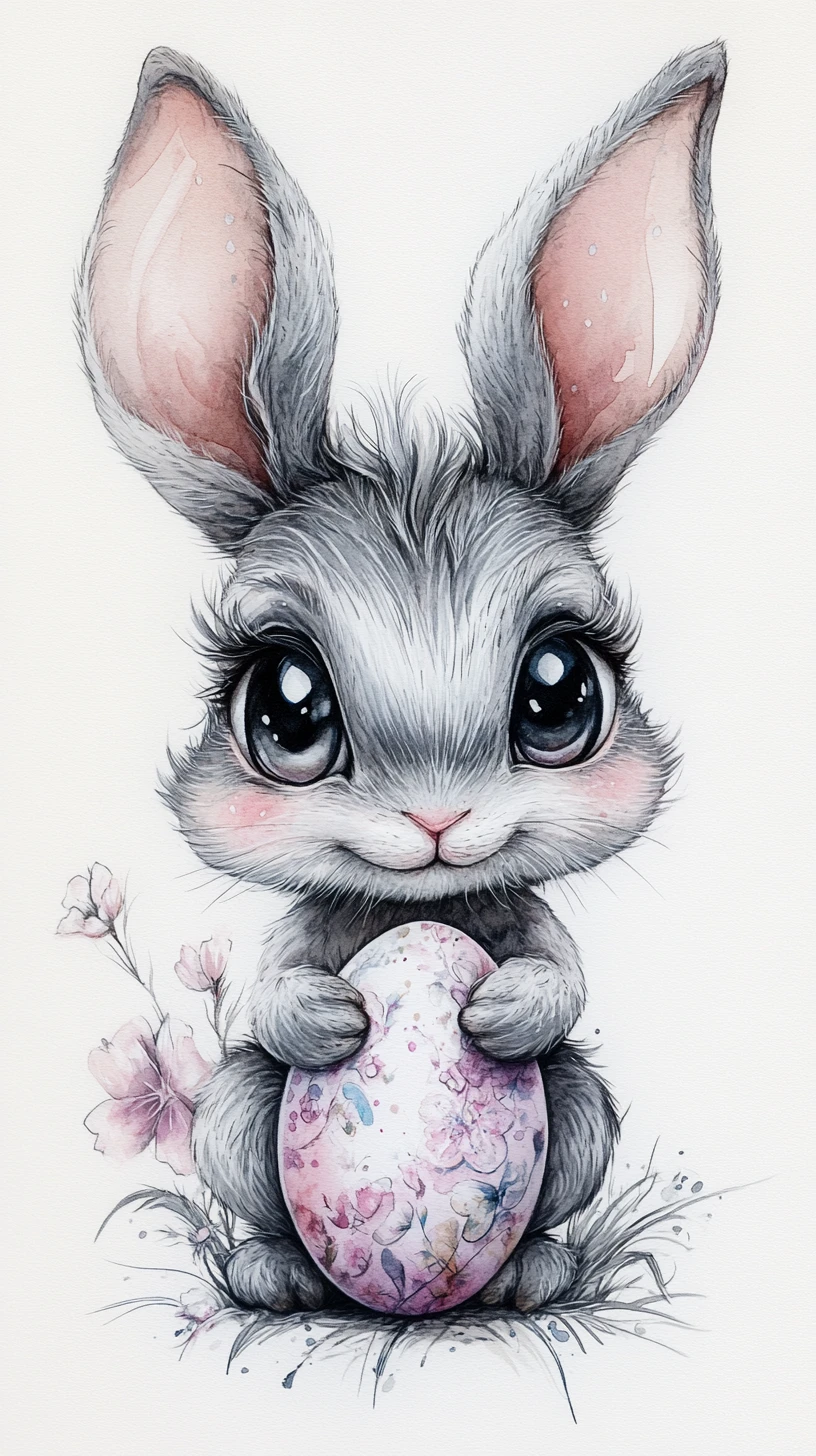 Dreamy watercolor rabbit with Easter egg on white background