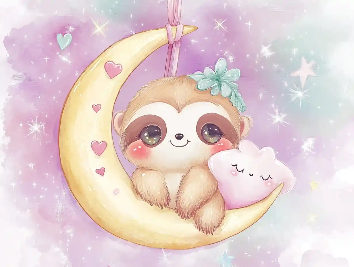 Bradipo bebé chibi che abbraccia un cuscino a stella sorridente