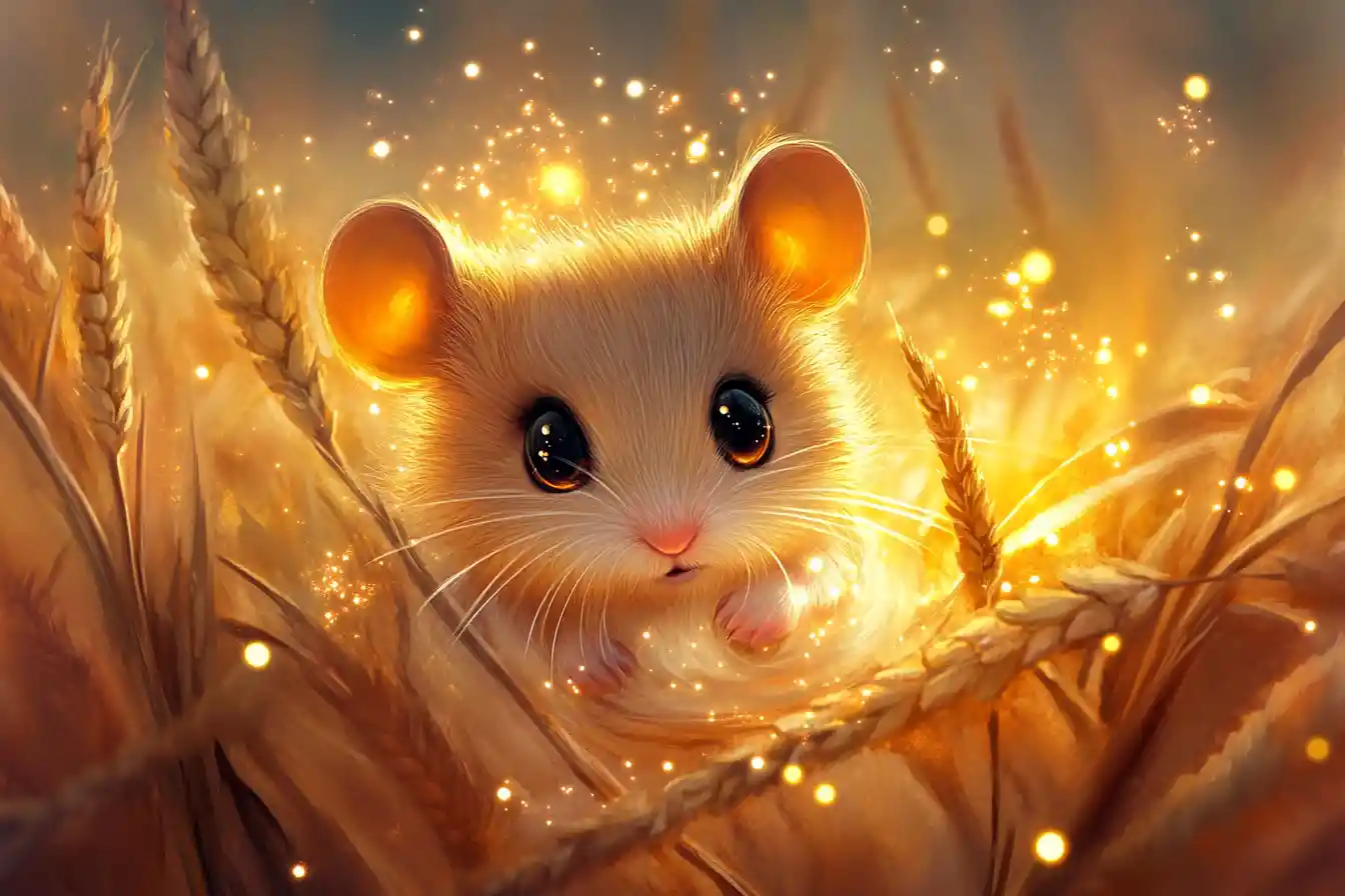 Surreal chibi field mouse in glowing corn maze