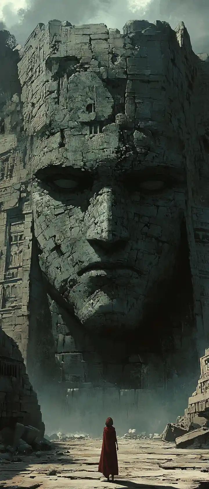 Anime hero before ancient stone temple in tragic anguish