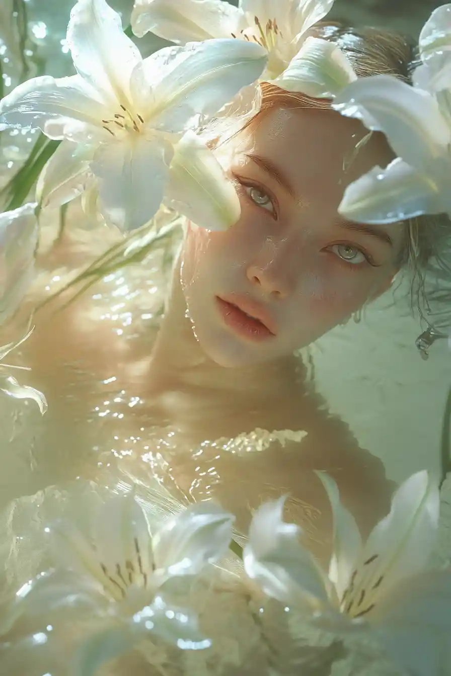 Ethereal woman emerging among white lilies at dawn