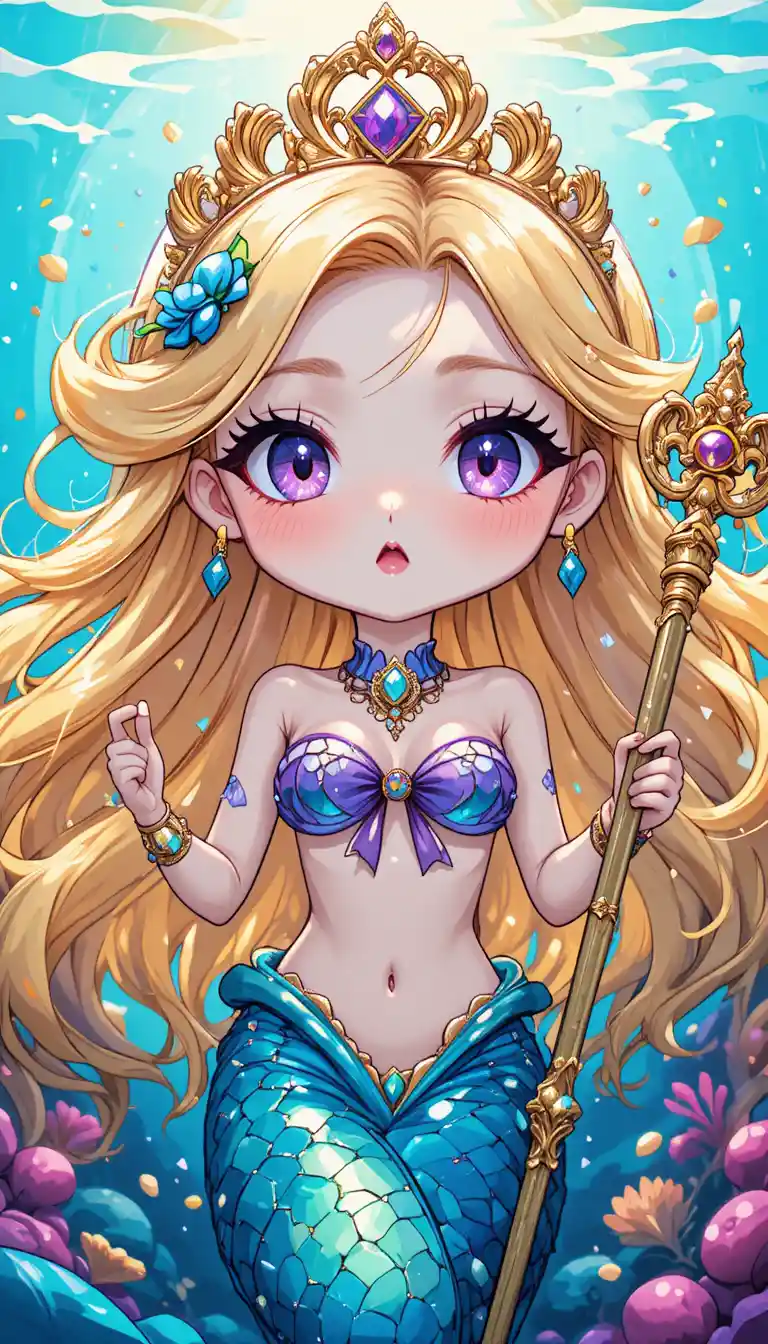 Anime mermaid girl with crown and staff underwater