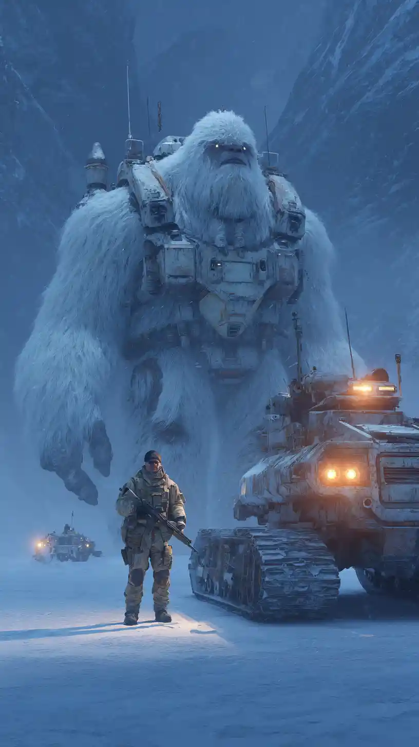 Armored white yeti close up beside a winter soldier
