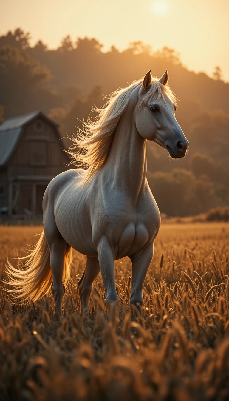 Palomino horse in golden wheat field at sunset