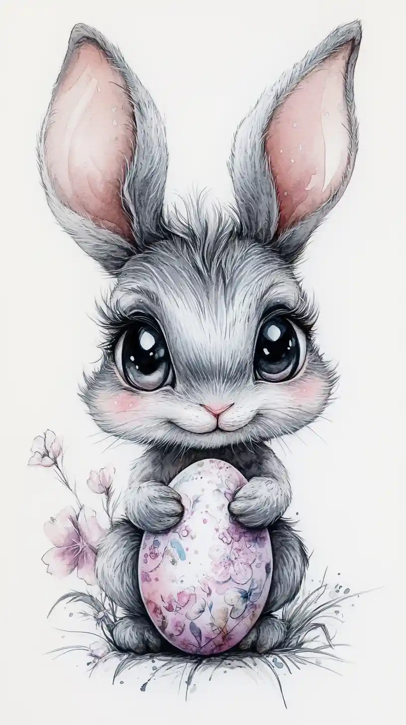 Dreamy watercolor rabbit with Easter egg on white background