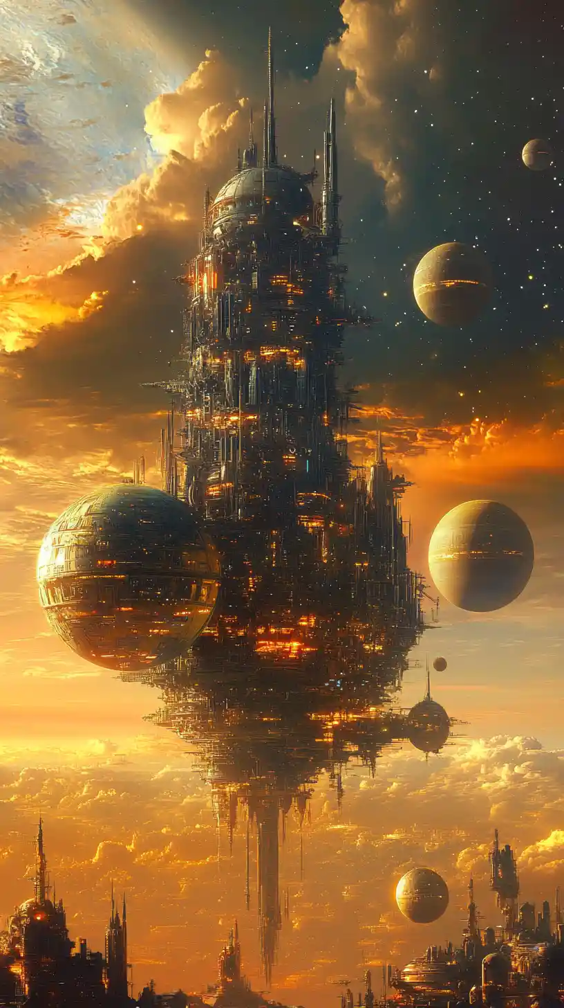 Floating alien city of towering spires at dramatic sunset sky