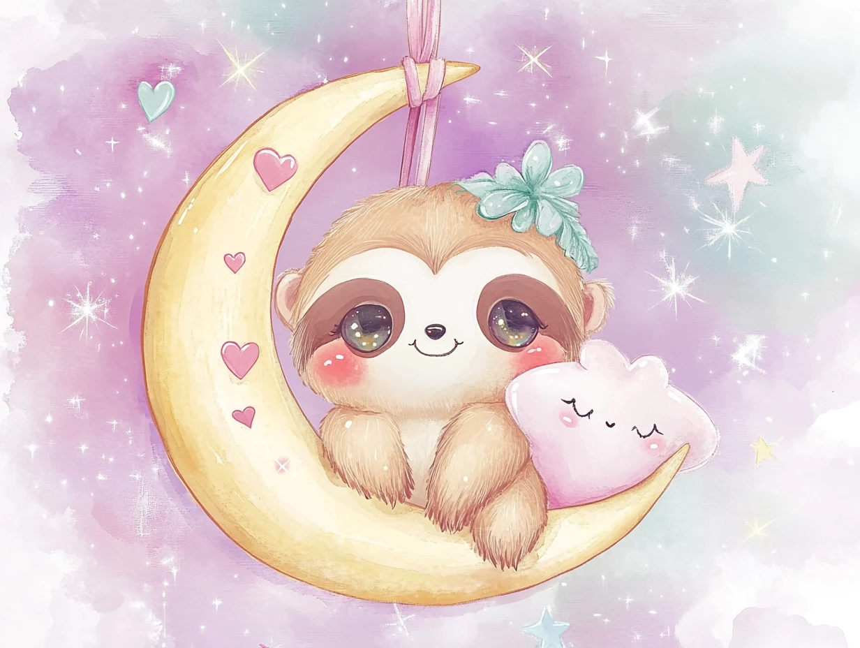 Chibi baby sloth hugging a smiling star pillow