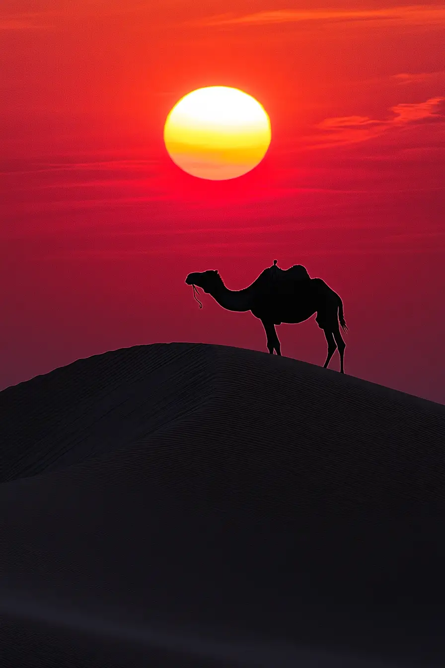 Lonely camel silhouetted on a glowing desert dune at sunset