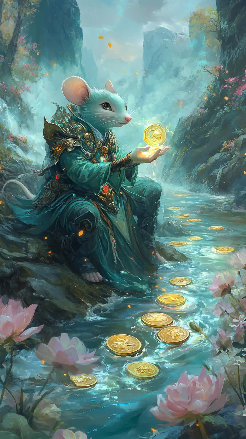 Anthropomorphic Mouse Riding A Misty Qilin Over River