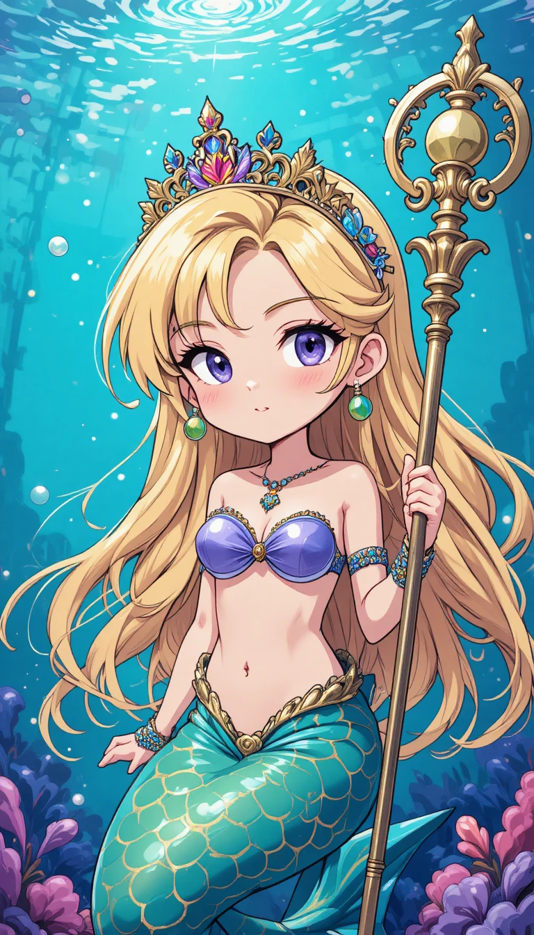 Blonde anime mermaid girl with crown in underwater scene