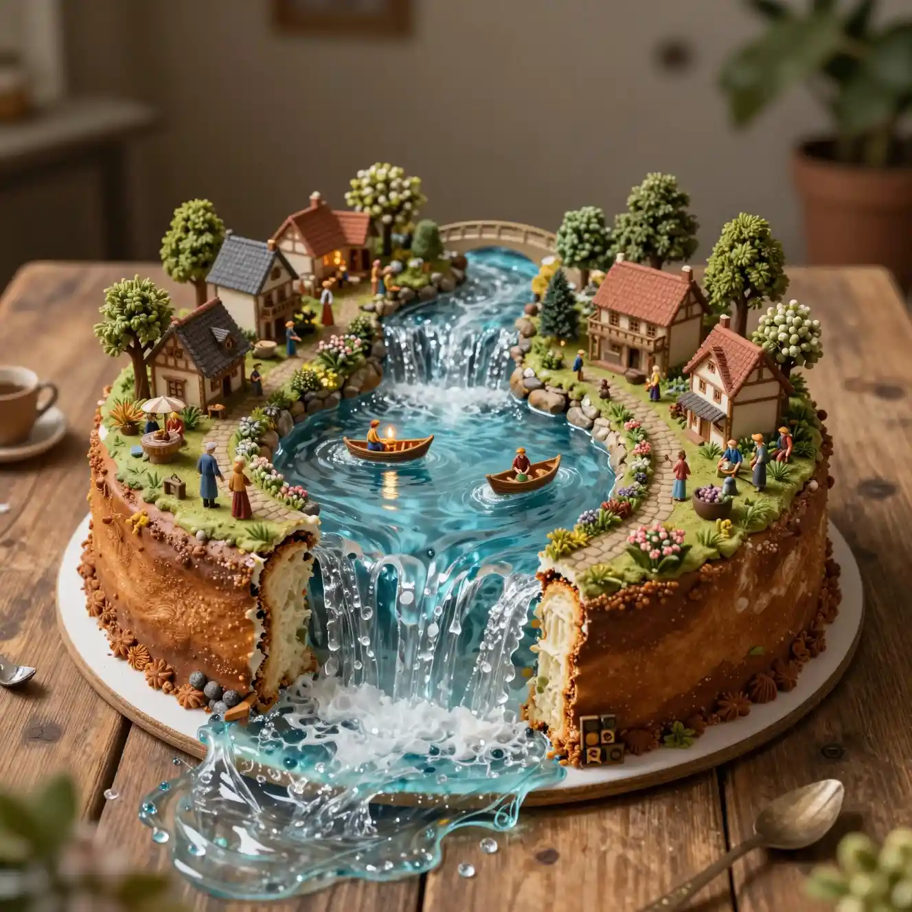 Surreal cake with miniature village and glowing waterfall