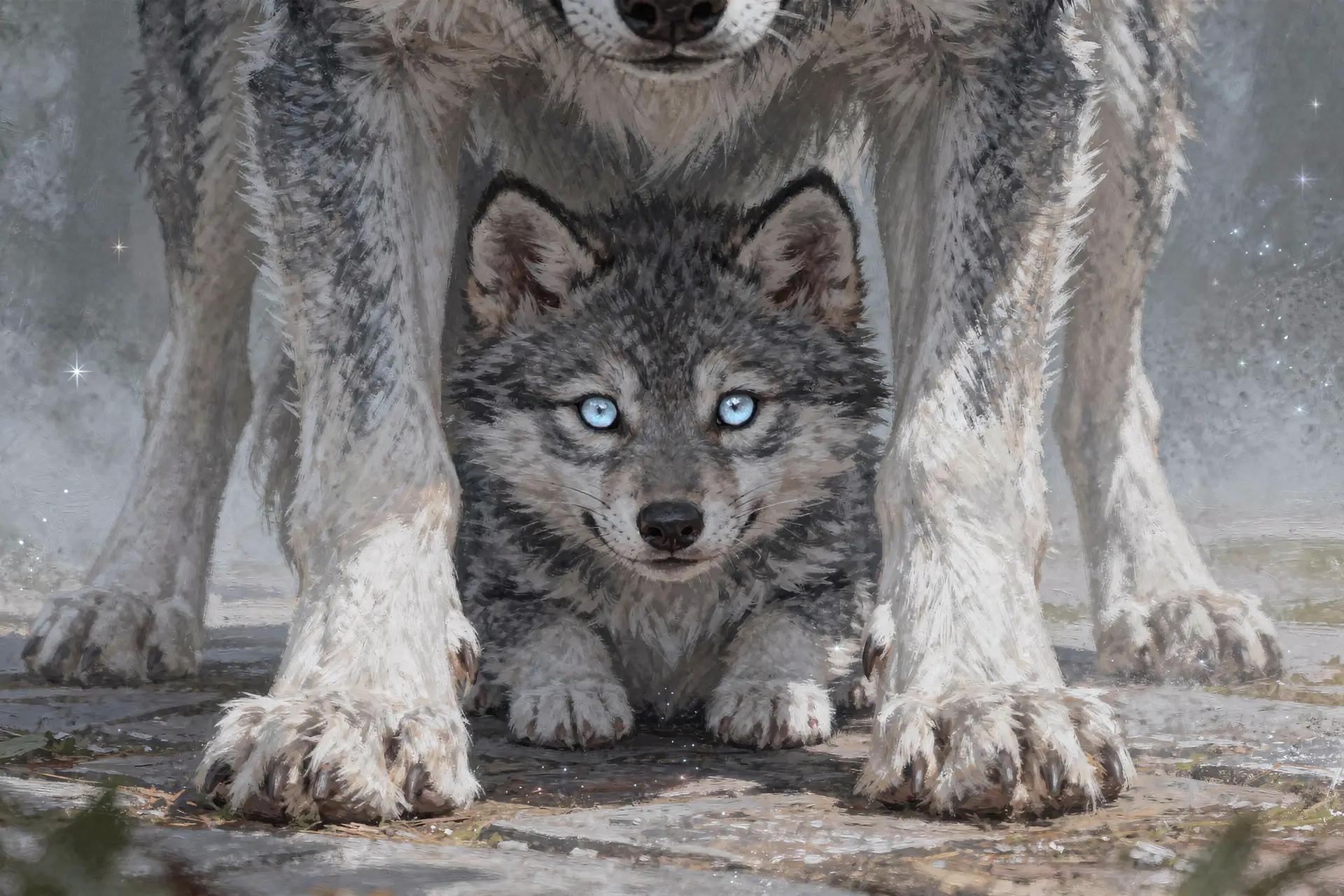 Baby gray wolf pup peeking from behind mother