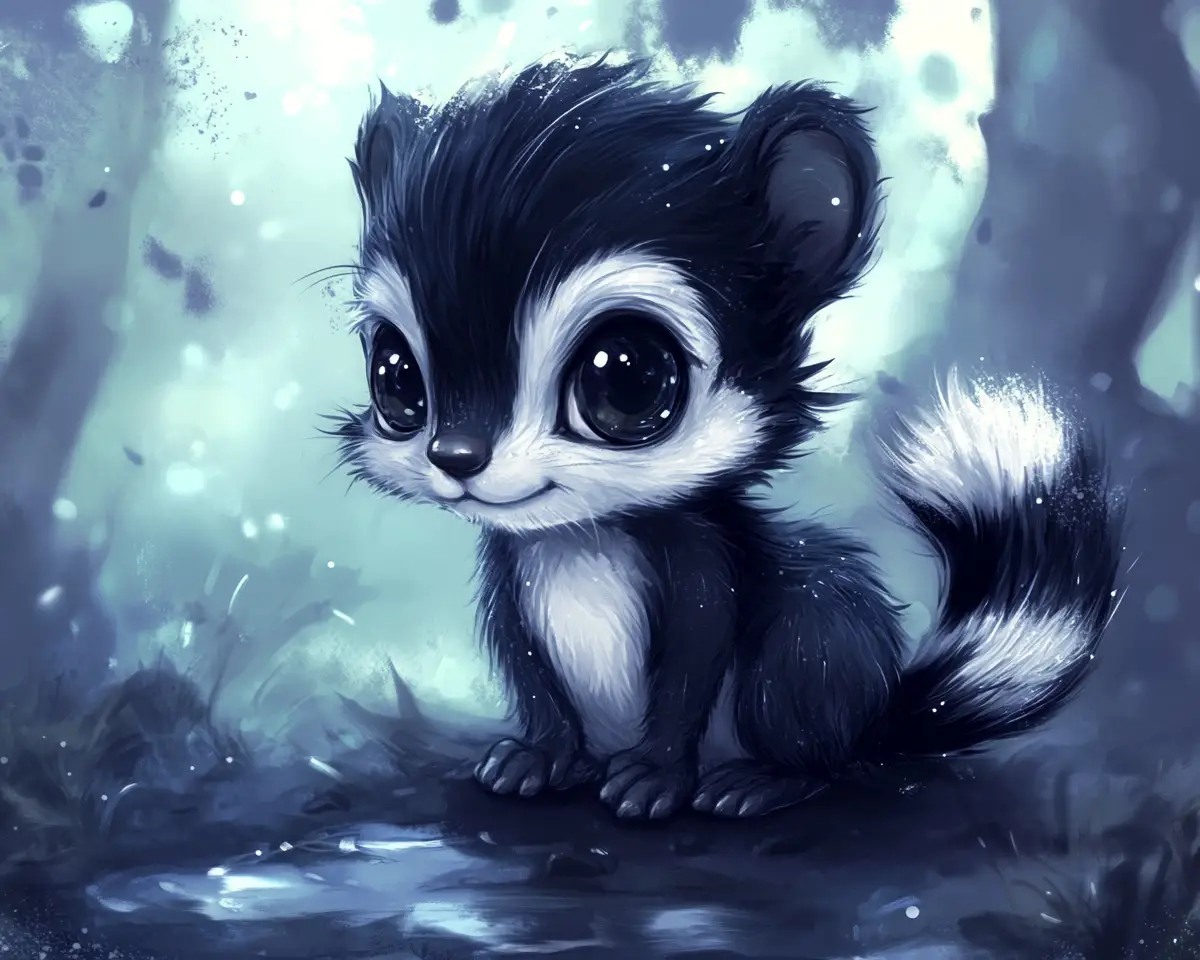Filhote de gambá chibi fofo com olhos brilhantes no crepúsculo da floresta