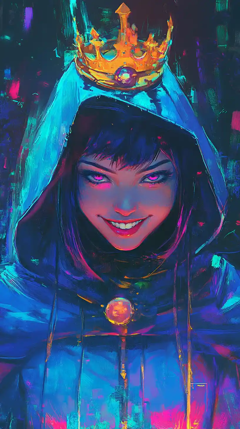 Demonic crowned girl in blue with neon mystical glow