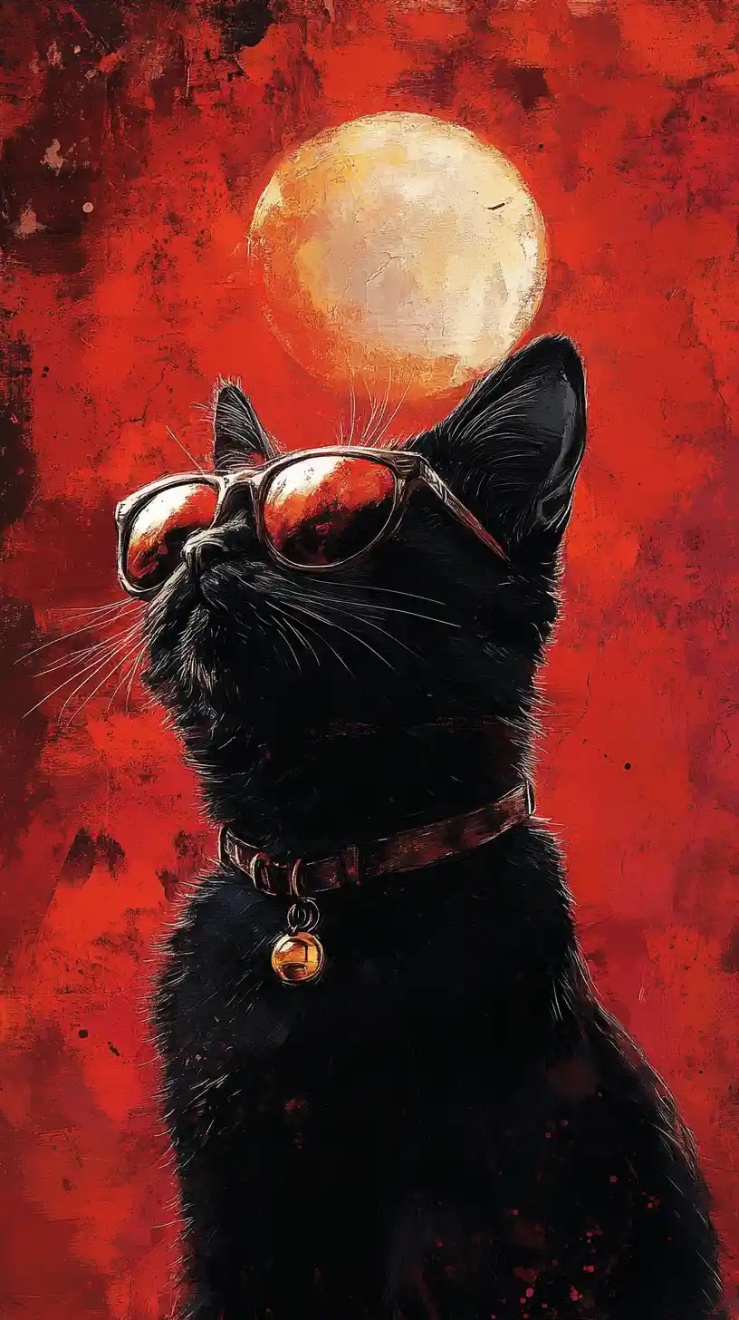 Stylized black cat portrait under a glowing golden moon