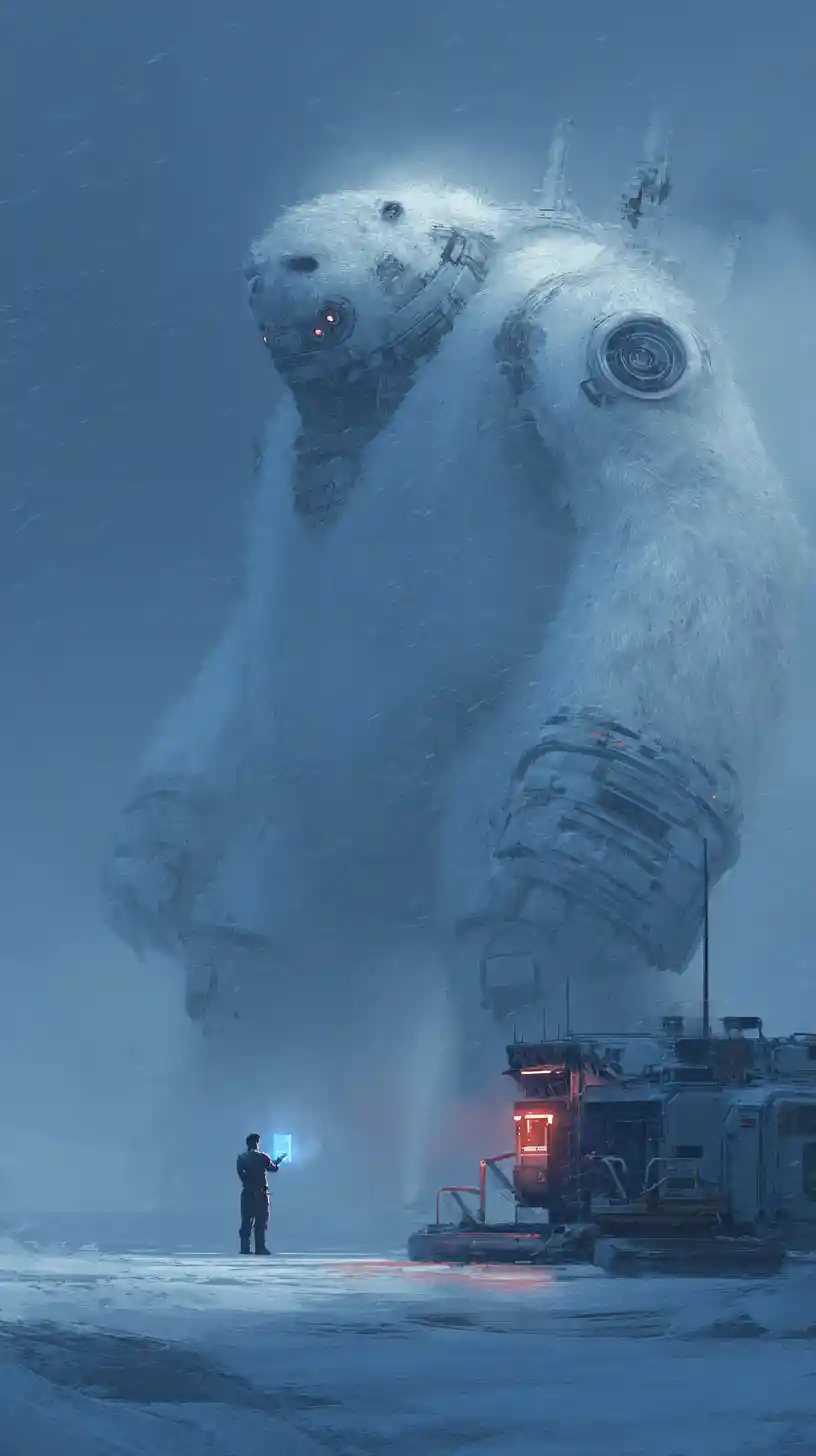 巨大な雪のゴーレムが人間の操作で極寒の吹雪を横断する
